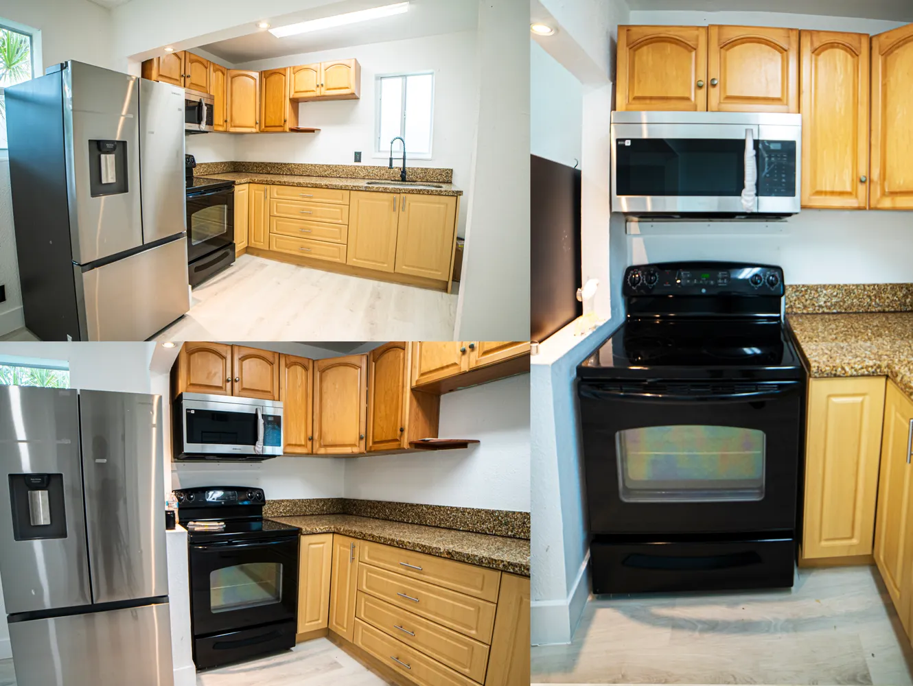 a kitchen with stainless steel appliances granite countertop a refrigerator stove and microwave