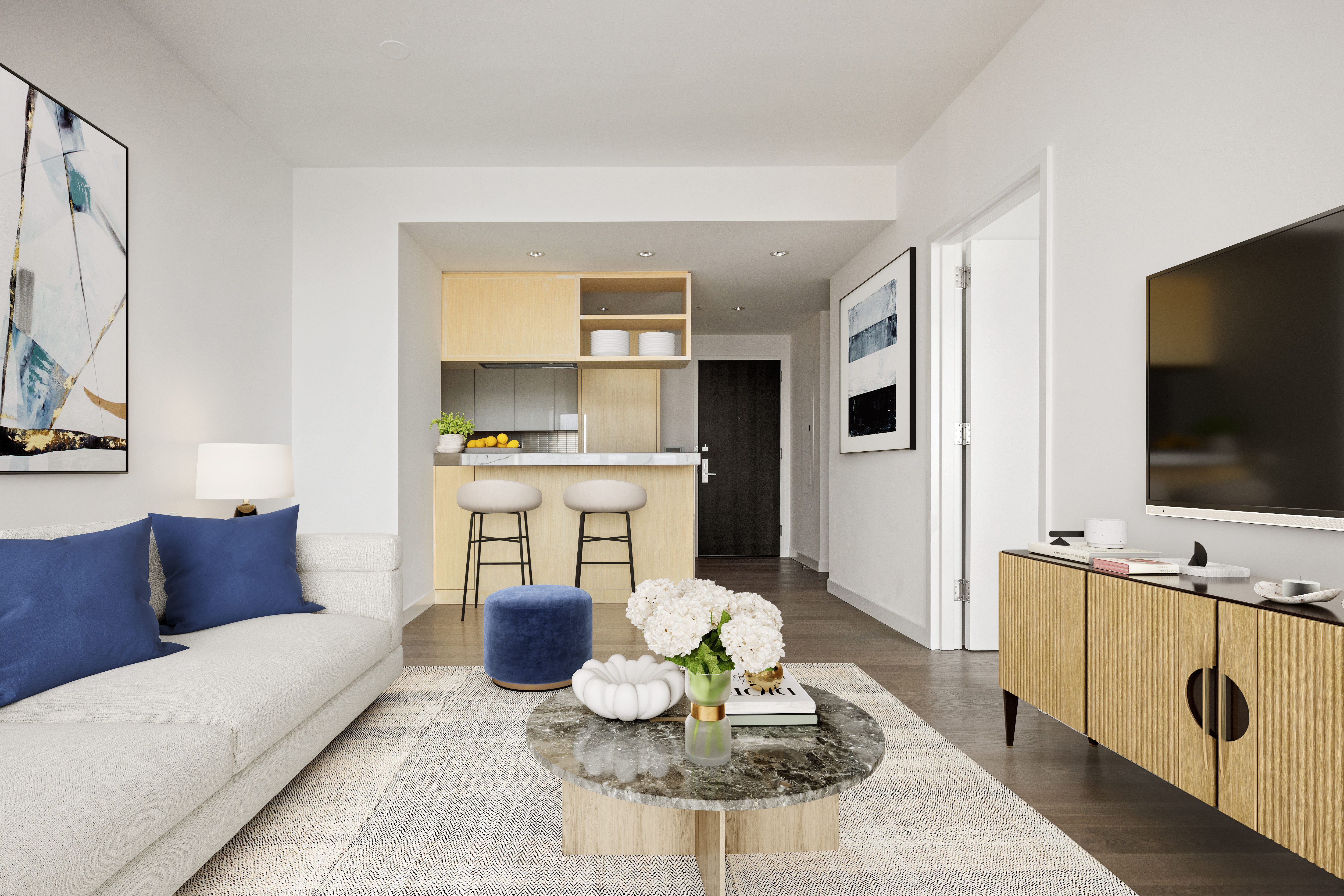 252 South Street, Unit 28C Manhattan, NY 10002 - Photo 3 of 10 a living room with furniture and a flat screen tv