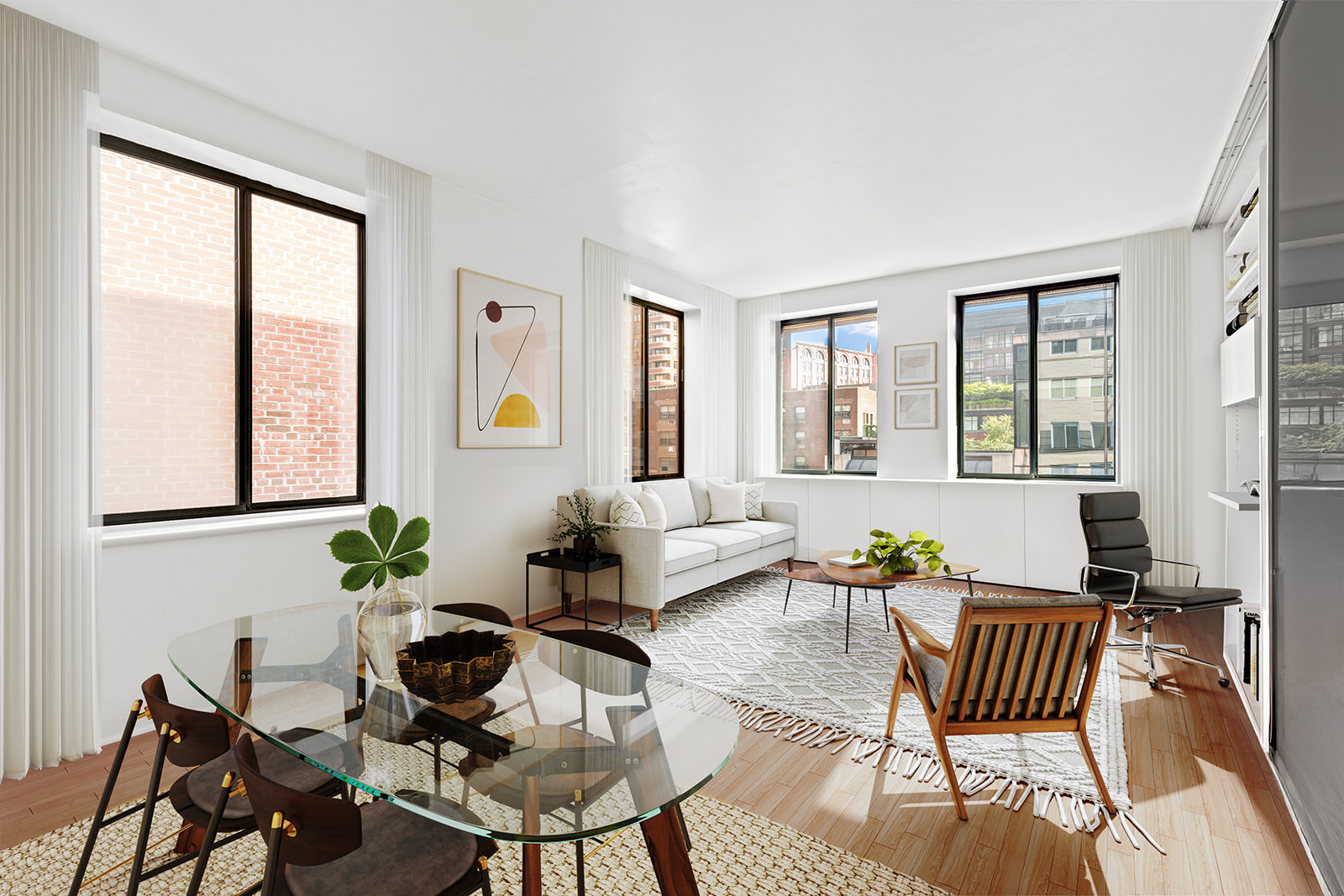 167 Perry Street, Unit 5F Manhattan, NY 10014 - Photo 2 of 12 a living room with furniture and two windows