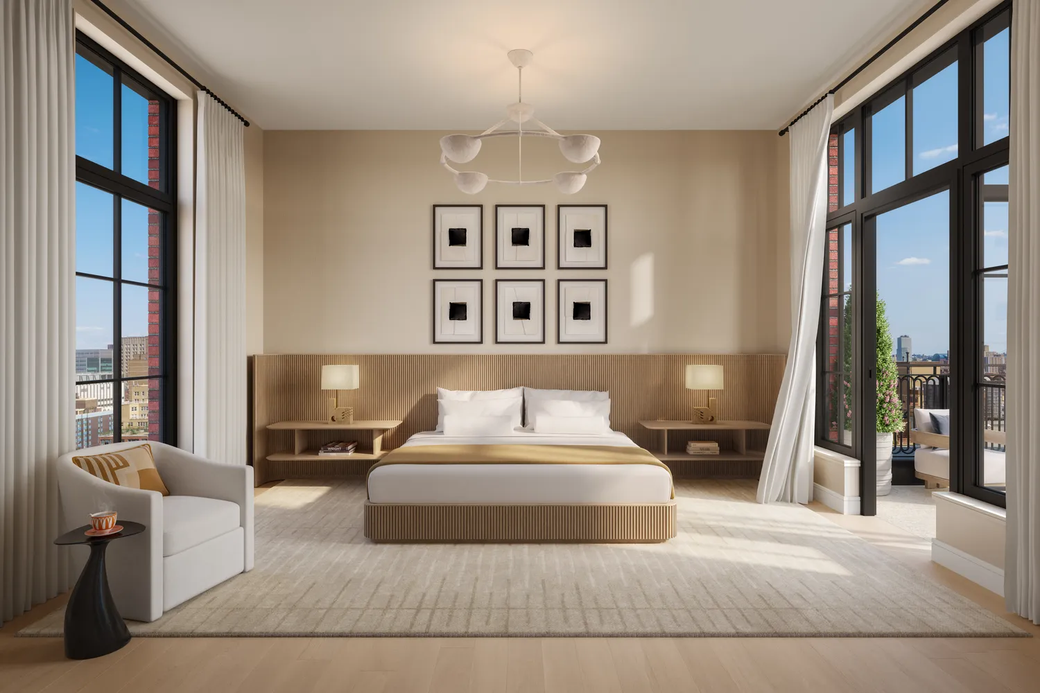 a bedroom with a large bed and a large window