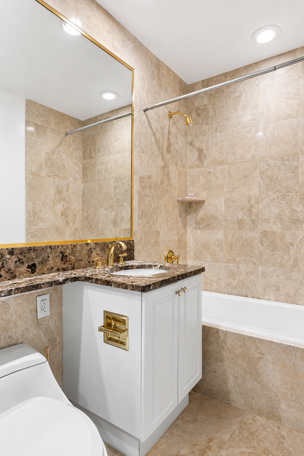 220 Riverside Boulevard, Unit 7G Manhattan, NY 10069 - Photo 5 of 11 a bathroom with a granite countertop sink a toilet and shower