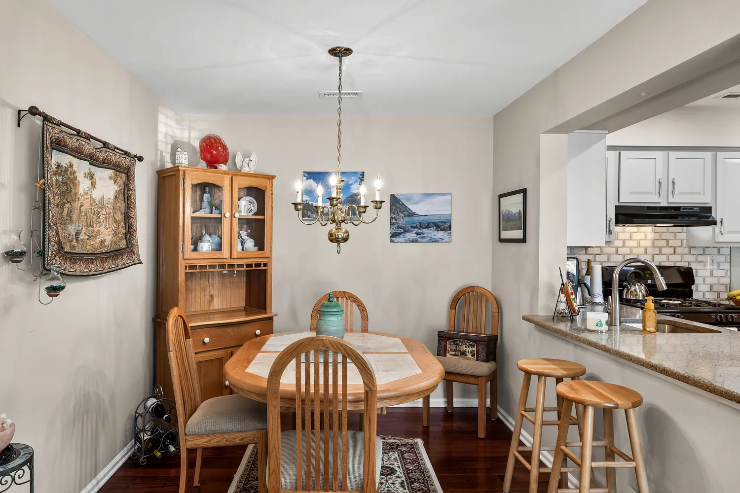 a view of a dining room with furniture