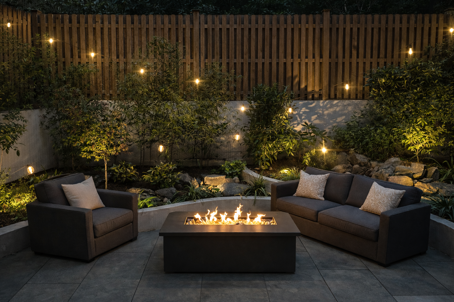a outdoor living space with patio furniture and potted plants