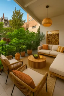 a view of a patio with a table chairs and a potted plant