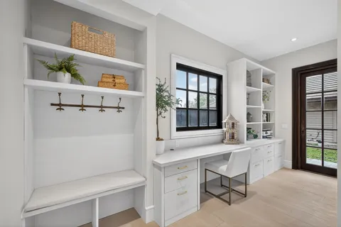 a workspace with white cabinets