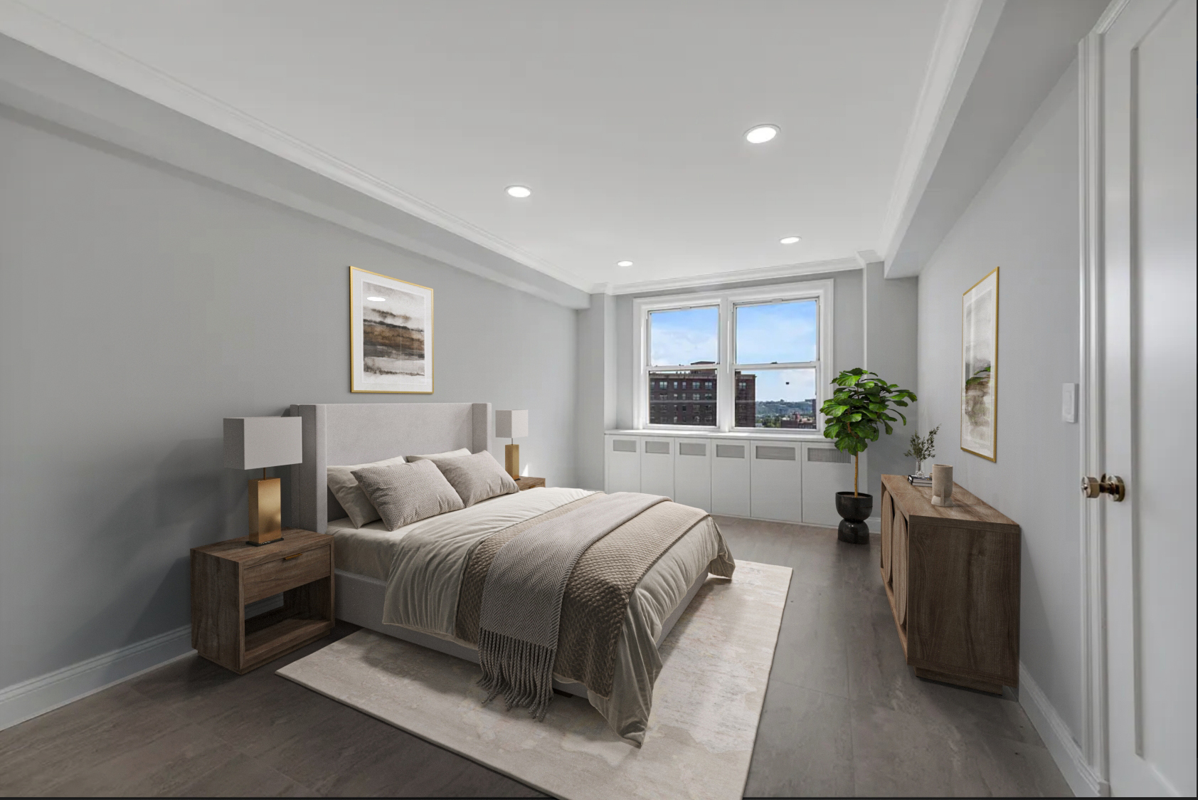 3755 Henry Hudson Parkway West, Unit PHA Bronx, NY 10463 - Photo 9 of 14 a bedroom with a large bed and a potted plant