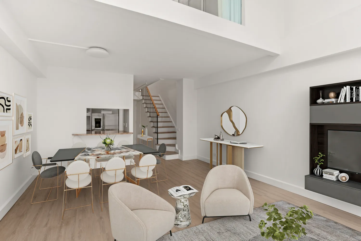 a living room with furniture a rug and white walls