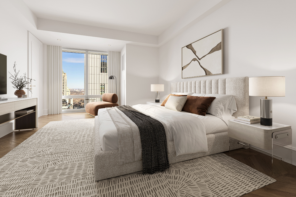 641 5th Avenue, Unit 27A Manhattan, NY 10022 - Photo 11 of 29 a bedroom with a large bed and a chandelier