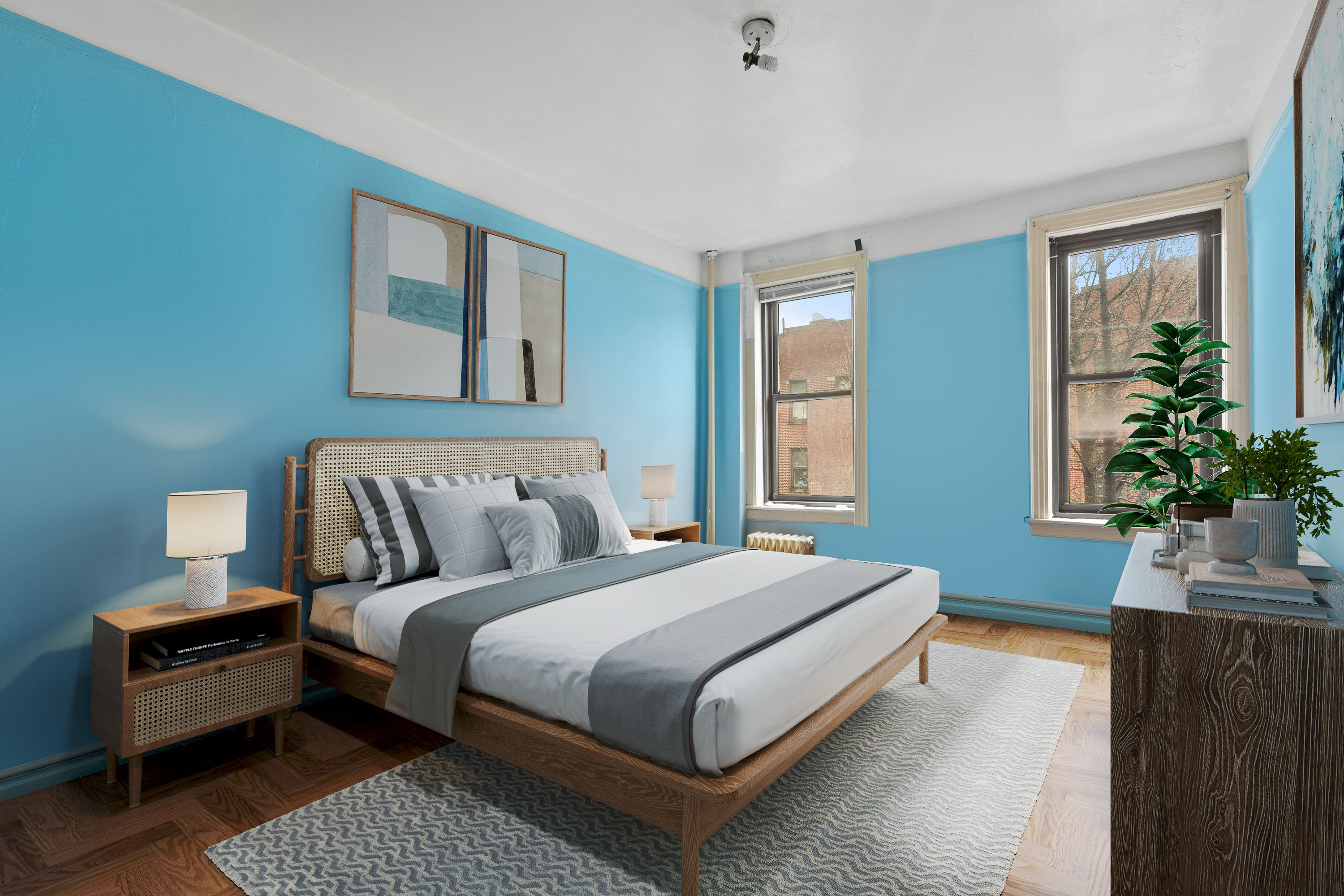 345 Montgomery Street, Unit 3C Brooklyn, NY 11225 - Photo 9 of 17 a bedroom with a bed lamp and a potted plant