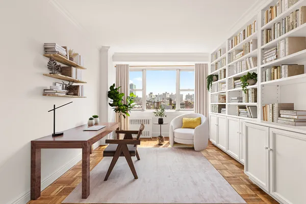 a living room with furniture and a potted plant