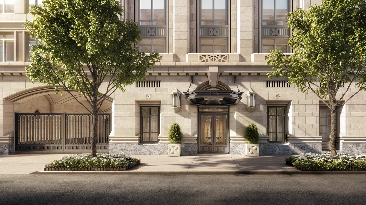 a front view of a building with street view