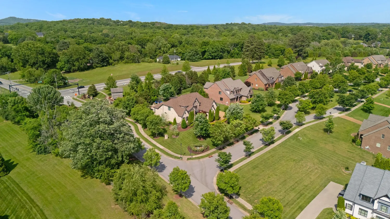 an aerial view of residential houses with outdoor space and trees