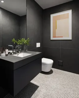 a bathroom with a sink toilet and mirror