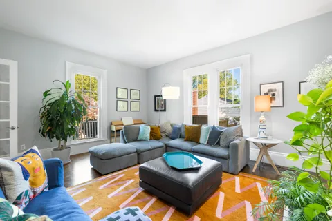 a living room with furniture and a potted plant