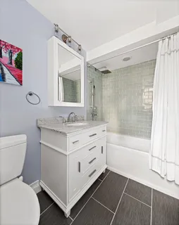 a bathroom with a sink mirror vanity and toilet