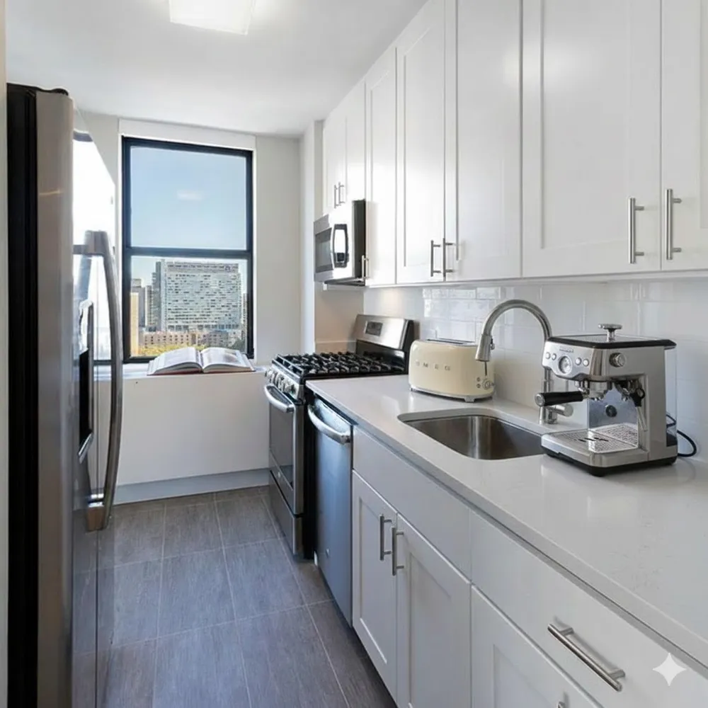 a kitchen with sink a refrigerator and cabinets