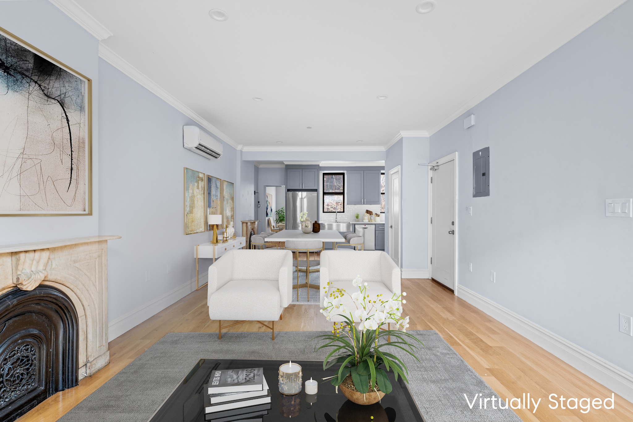 181 Park Avenue Brooklyn, NY 11205 - Photo 3 of 19 a living room with furniture and a fireplace