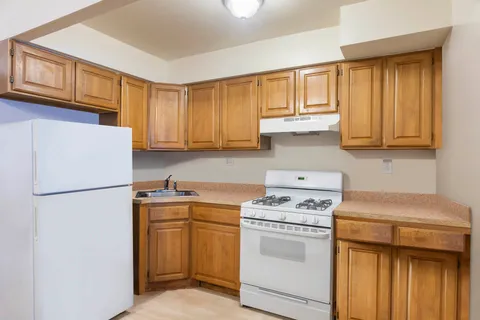 a kitchen with a sink a stove and refrigerator