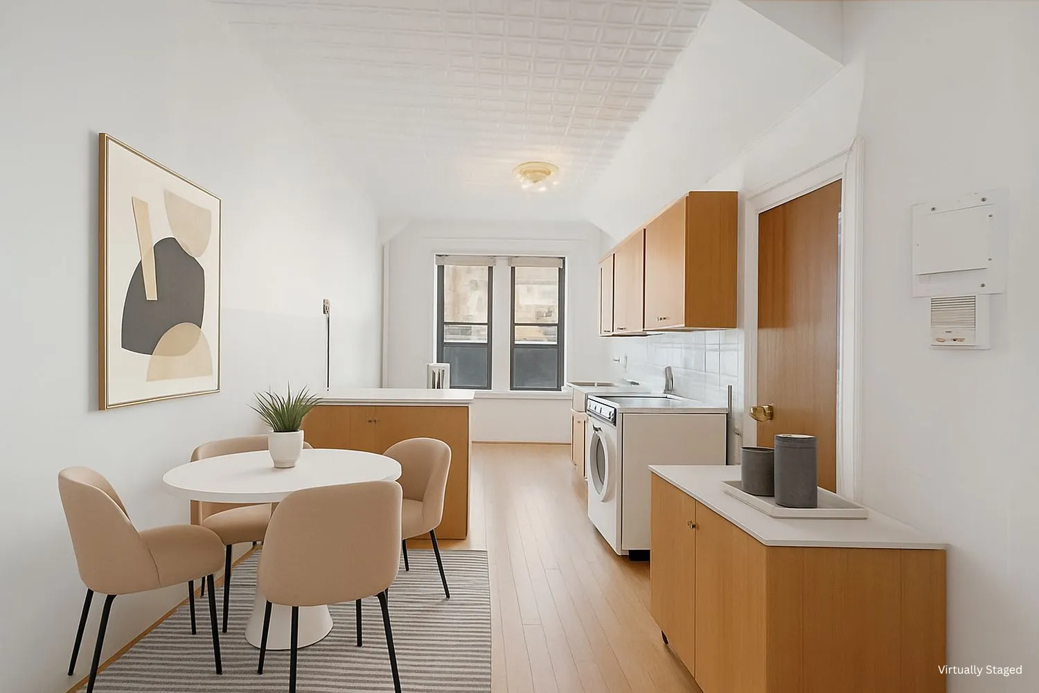 a view of a dining room with furniture and window