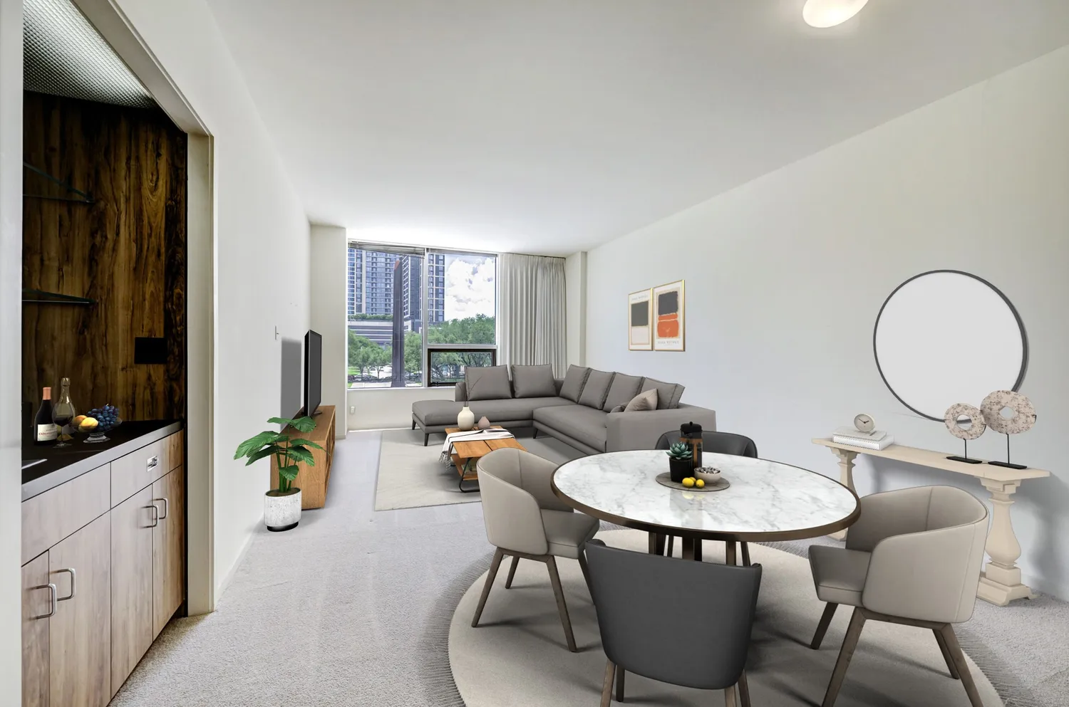 a living room with furniture a flat screen tv and a window