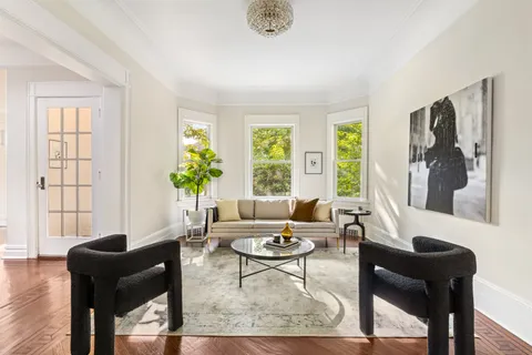 a living room with furniture and a potted plant