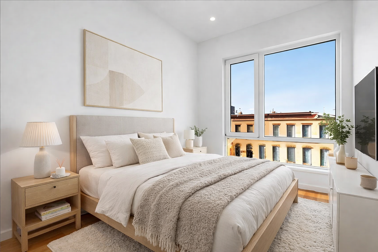 138 Schaefer Street, Unit 3 Brooklyn, NY 11207 - Photo 7 of 11 a bedroom with a bed a lamp and a large window