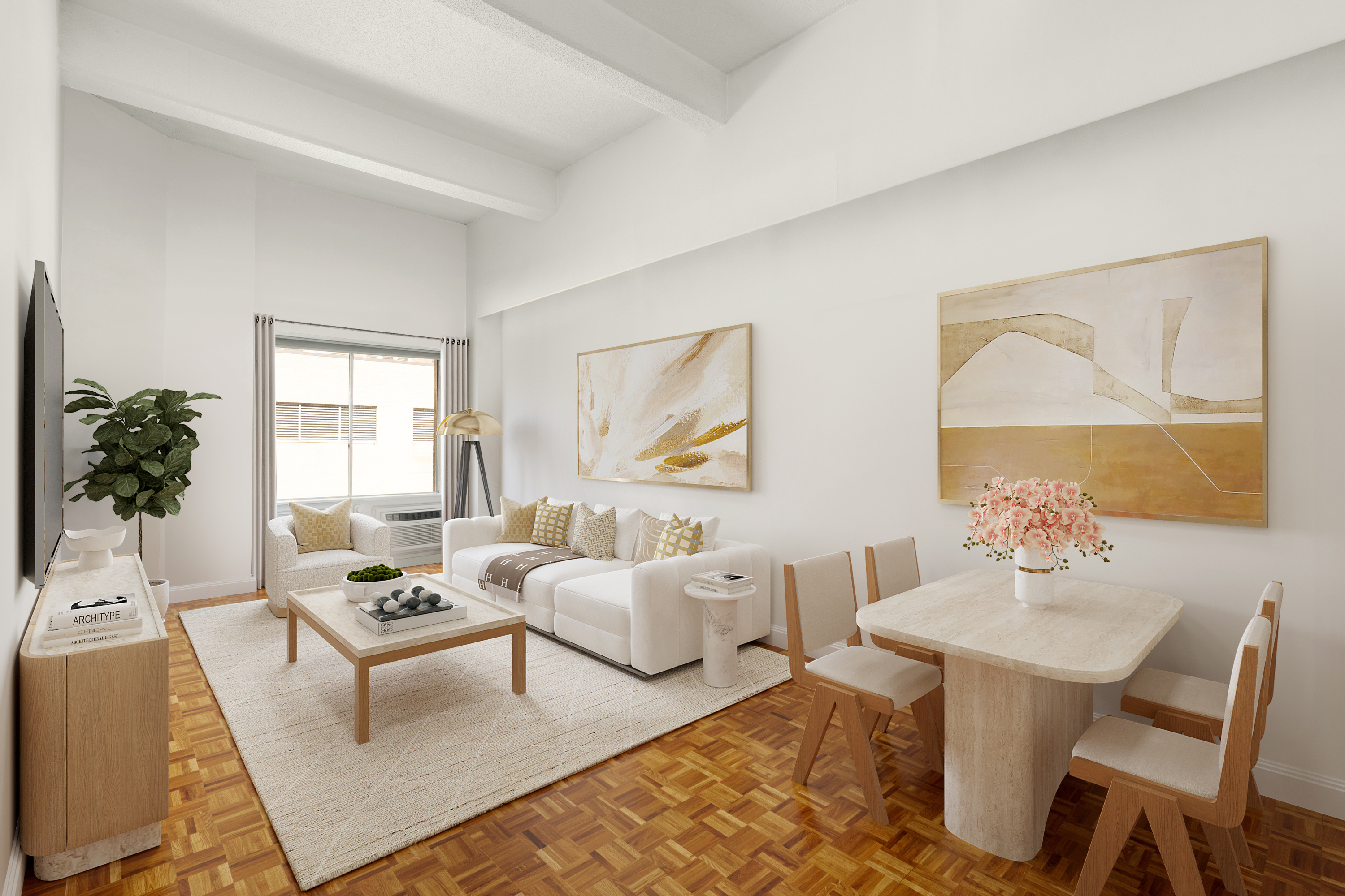 a living room with furniture and wooden floor