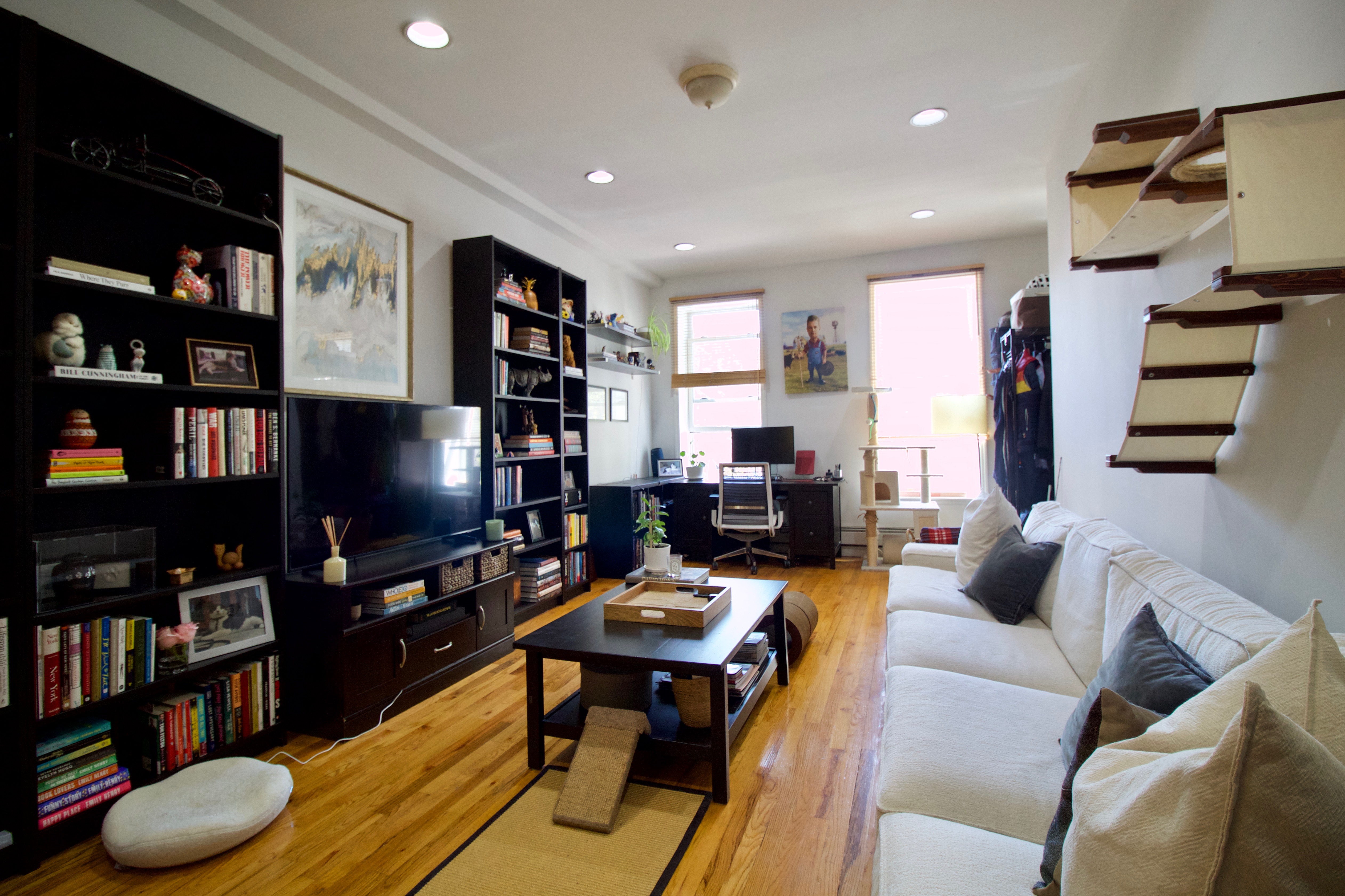 627 Baltic Street, Unit 2 Brooklyn, NY 11217 - Photo 2 of 32 a living room with furniture a flat screen tv and a book shelf