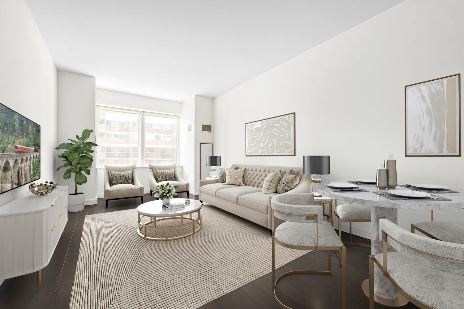 a living room with furniture wooden floor and a large window