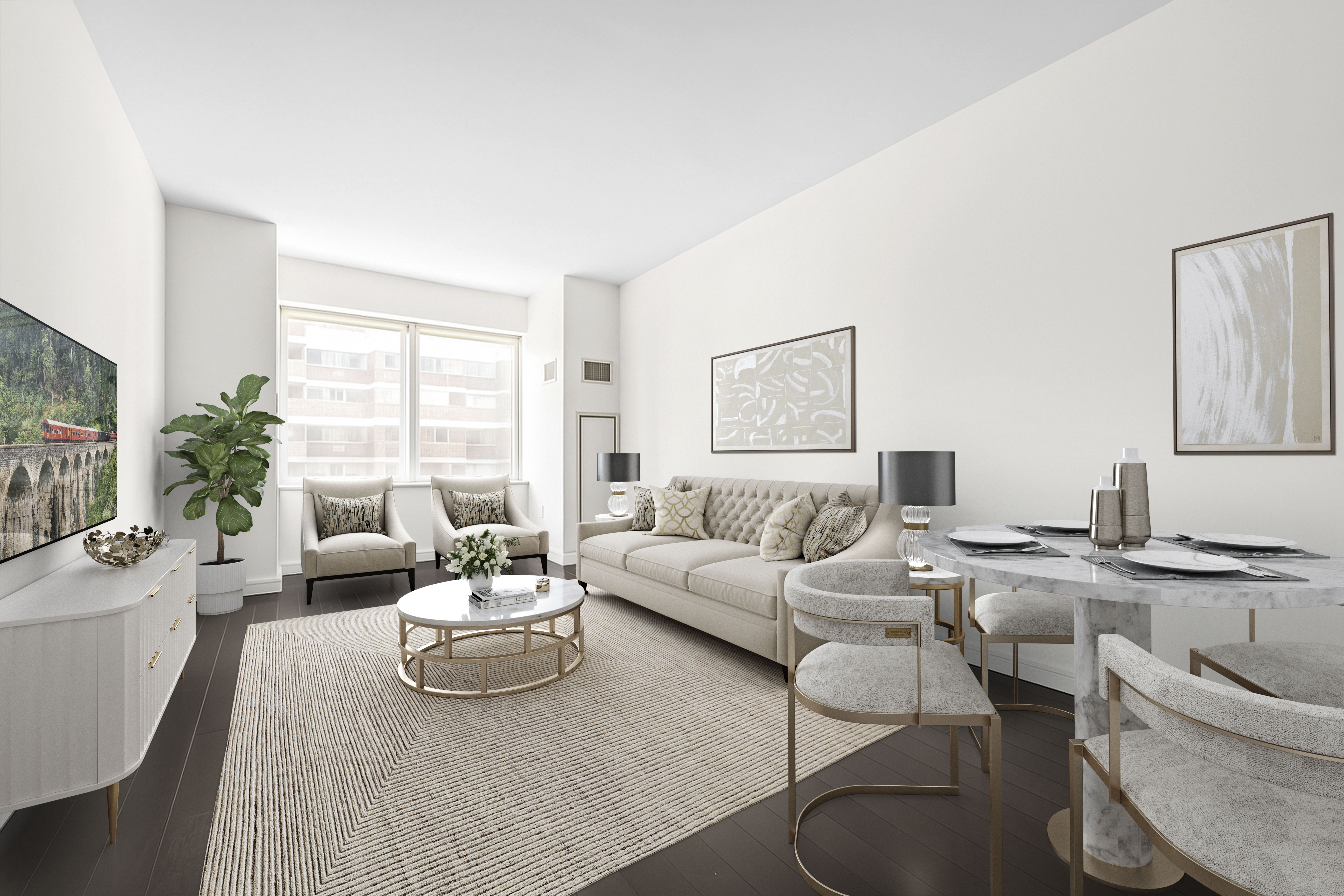 300 East 23rd Street, Unit 7A Manhattan, NY 10010 - Photo 1 of 15 a living room with furniture wooden floor and a large window
