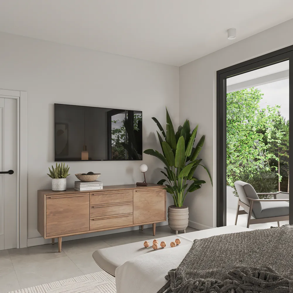 a living room with furniture potted plant and a large window