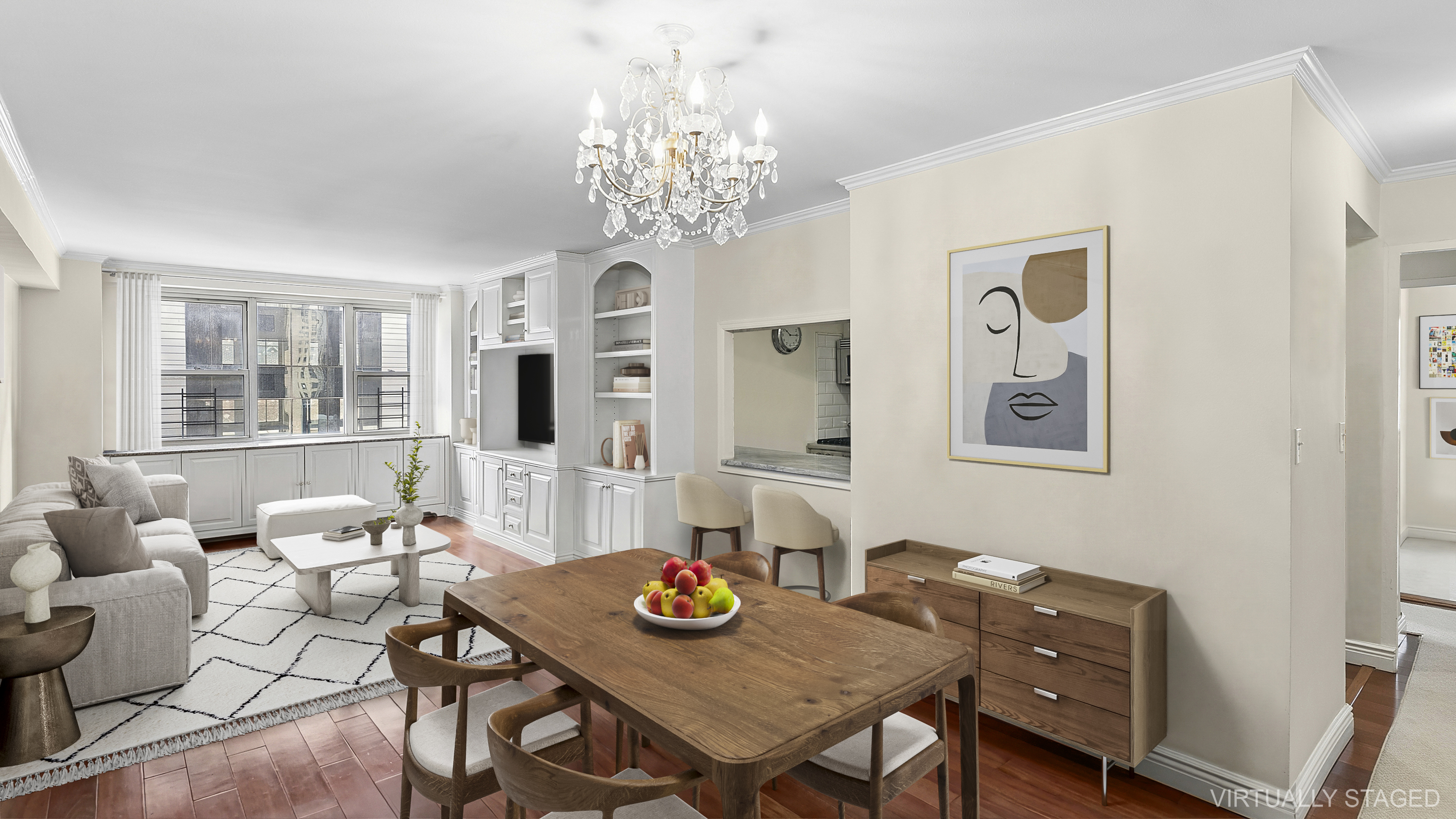 a view of a dining room with furniture a chandelier and wooden floor