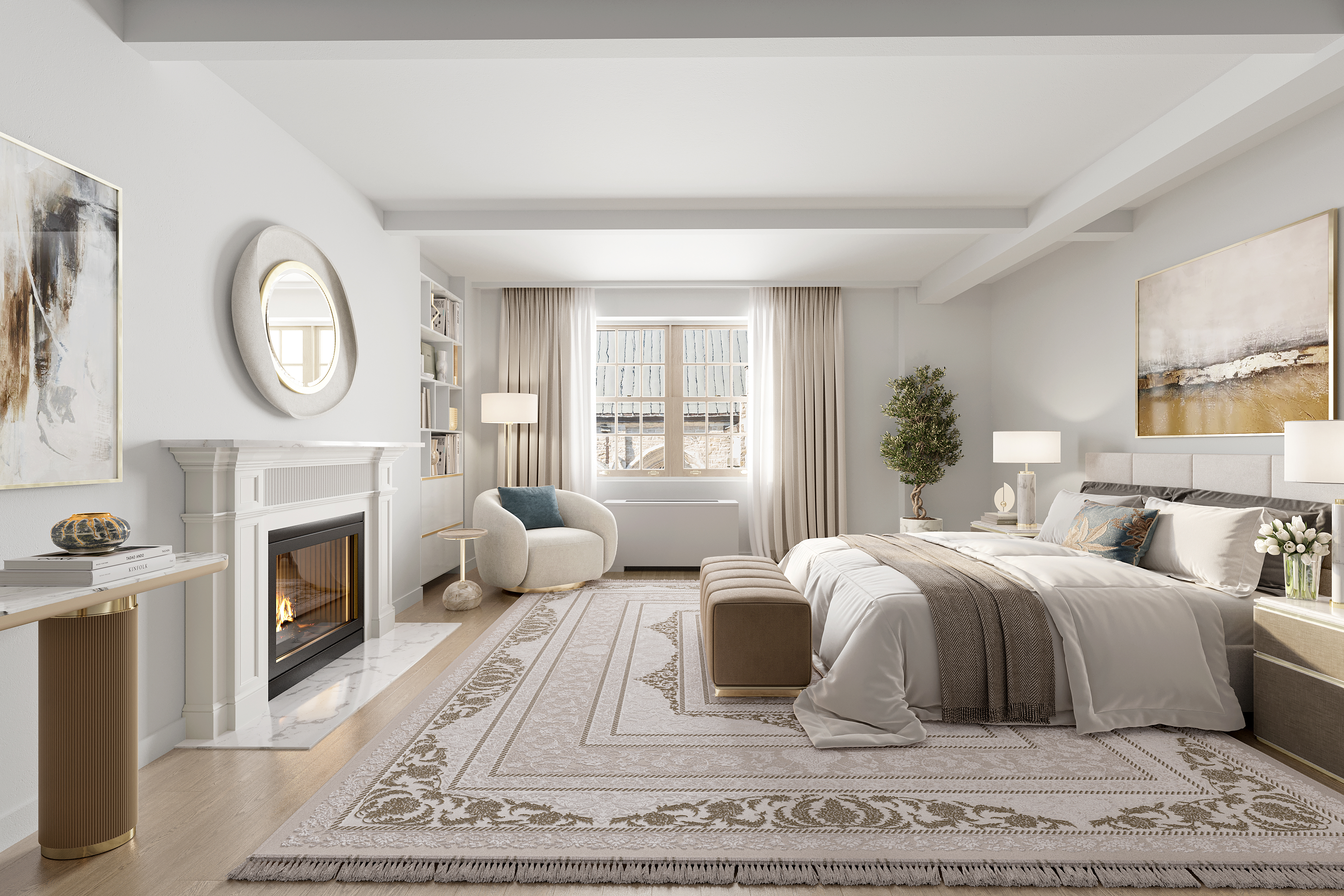 131 East 66th Street, Unit 8EF/9EF Manhattan, NY 10065 - Photo 3 of 4 a bedroom with a large bed and a fireplace