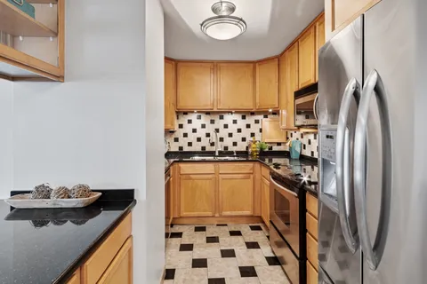 a kitchen with stainless steel appliances granite countertop a sink and a refrigerator