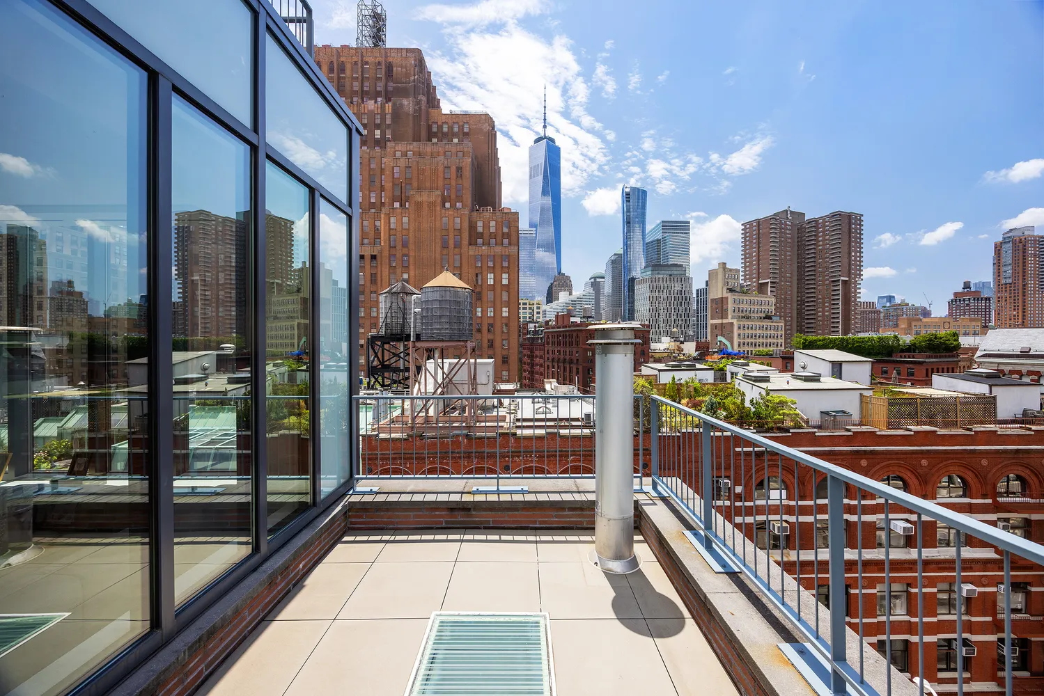 a city view with tall buildings