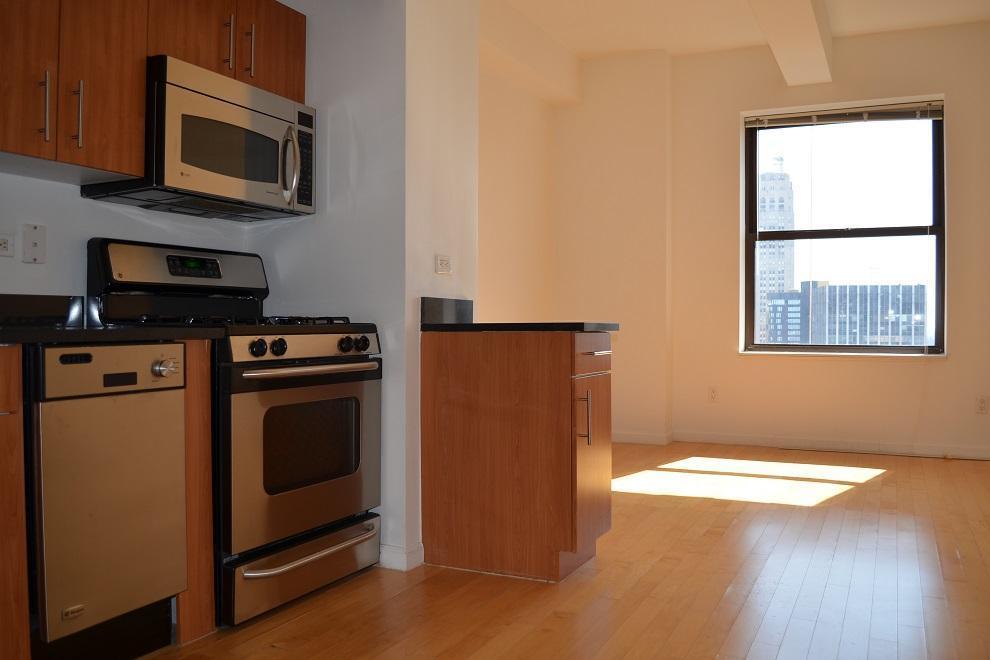 20 West Street, Unit 43E Manhattan, NY 10004 - Photo 4 of 10 a kitchen with stainless steel appliances a stove a microwave and a hard wood floor