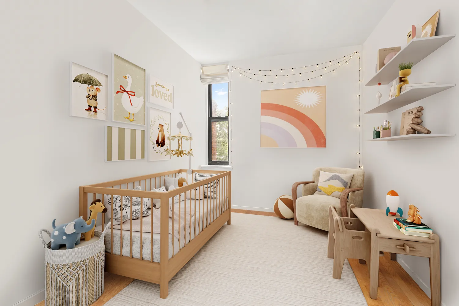 a bedroom with furniture and baby crib