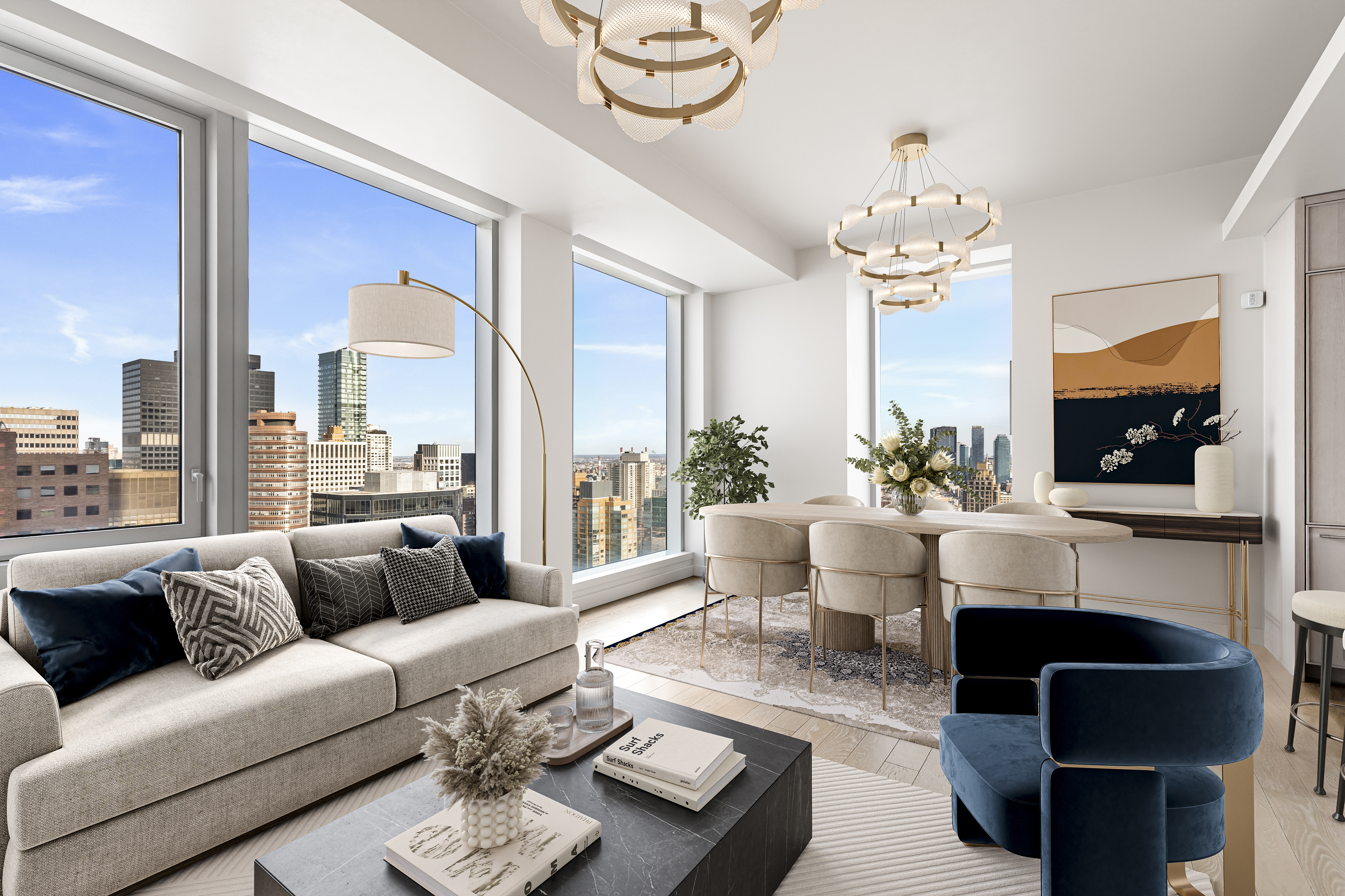 138 East 50th Street, Unit 40B Manhattan, NY 10022 - Photo 2 of 22 a living room with furniture a chandelier and a flat screen tv