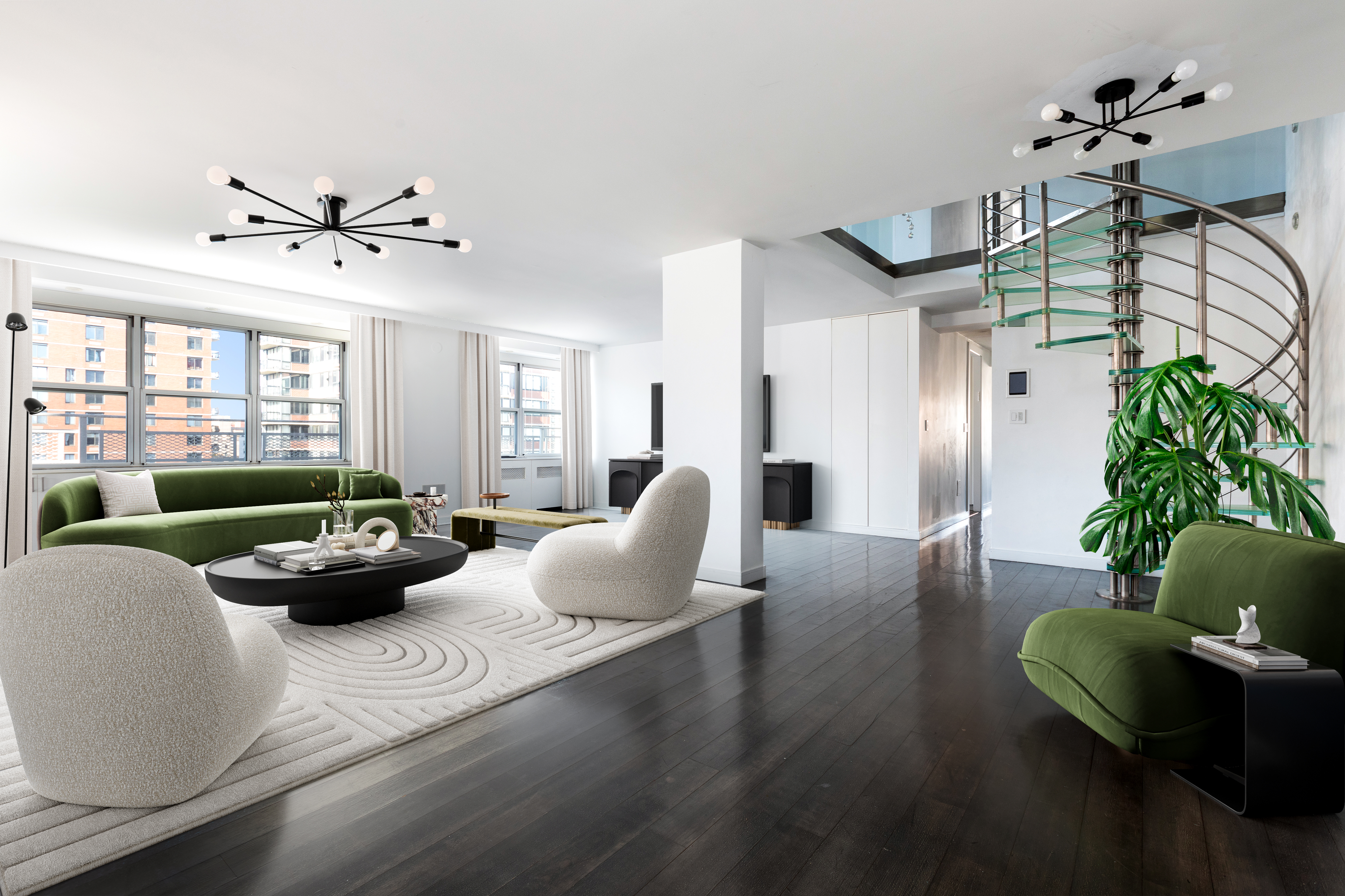 a living room with furniture potted plant and a window
