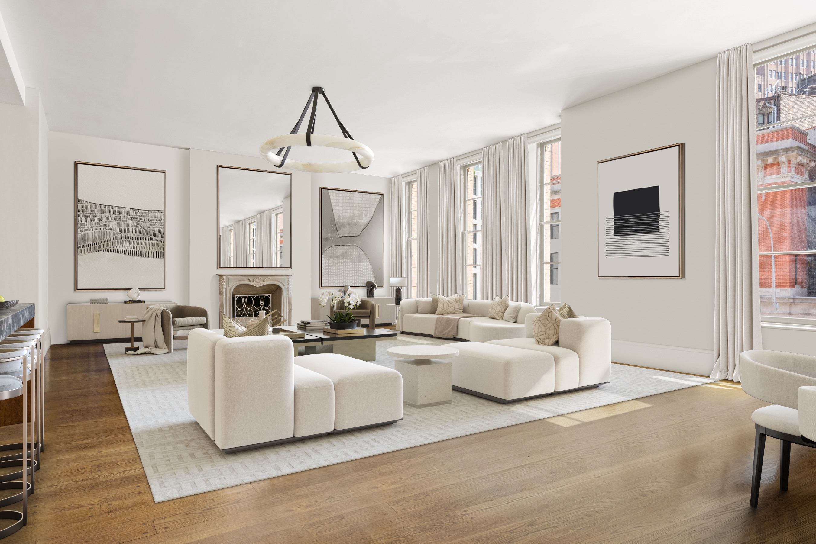 140 Franklin Street, Unit 2B Manhattan, NY 10013 - Photo 4 of 14 a living room with furniture and large windows