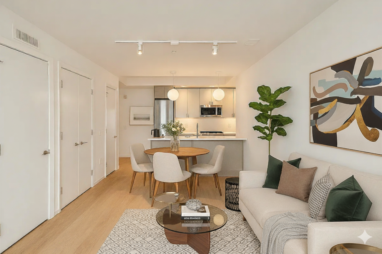 5 South 5th Street, Unit 913 Brooklyn, NY 11249 - Photo 2 of 24 a living room with furniture and a dining table