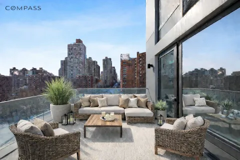 a view of a patio with couches chairs and a potted plant