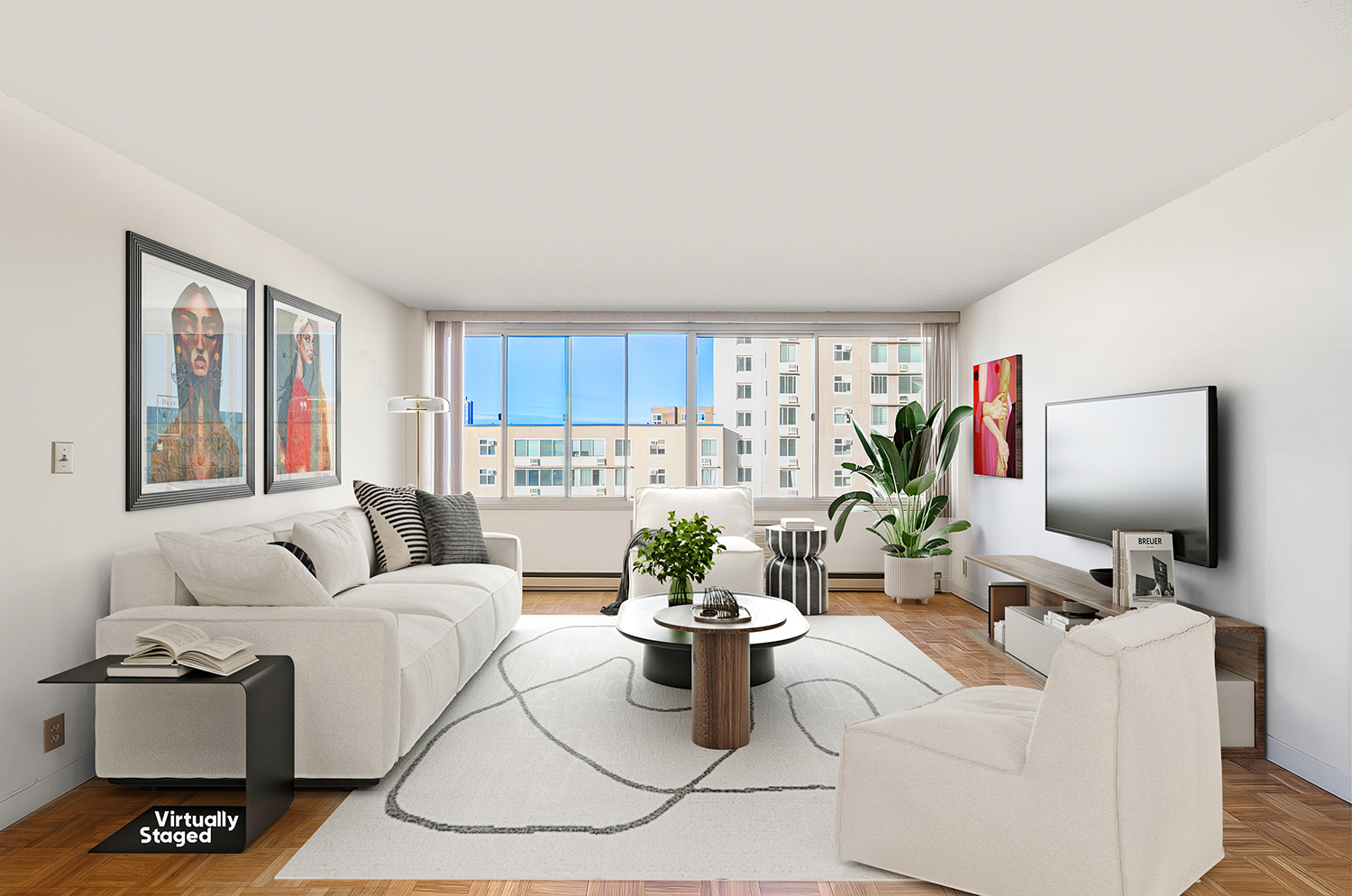 555 Main Street, Unit 1204 Manhattan, NY 10044 - Photo 3 of 15 a living room with furniture a flat screen tv and a window