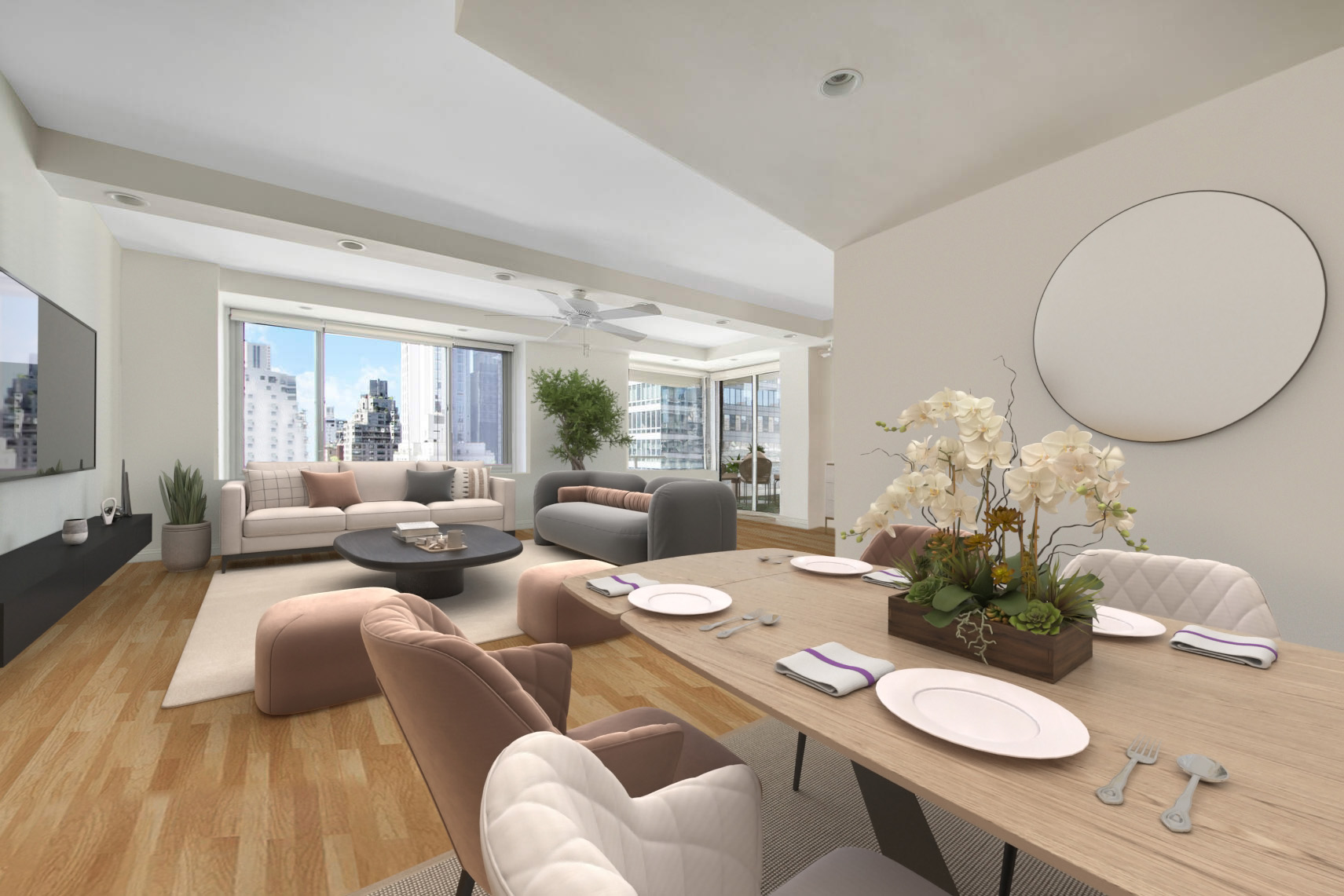 300 East 74th Street, Unit 14F Manhattan, NY 10021 - Photo 3 of 13 a living room with furniture and a mirror