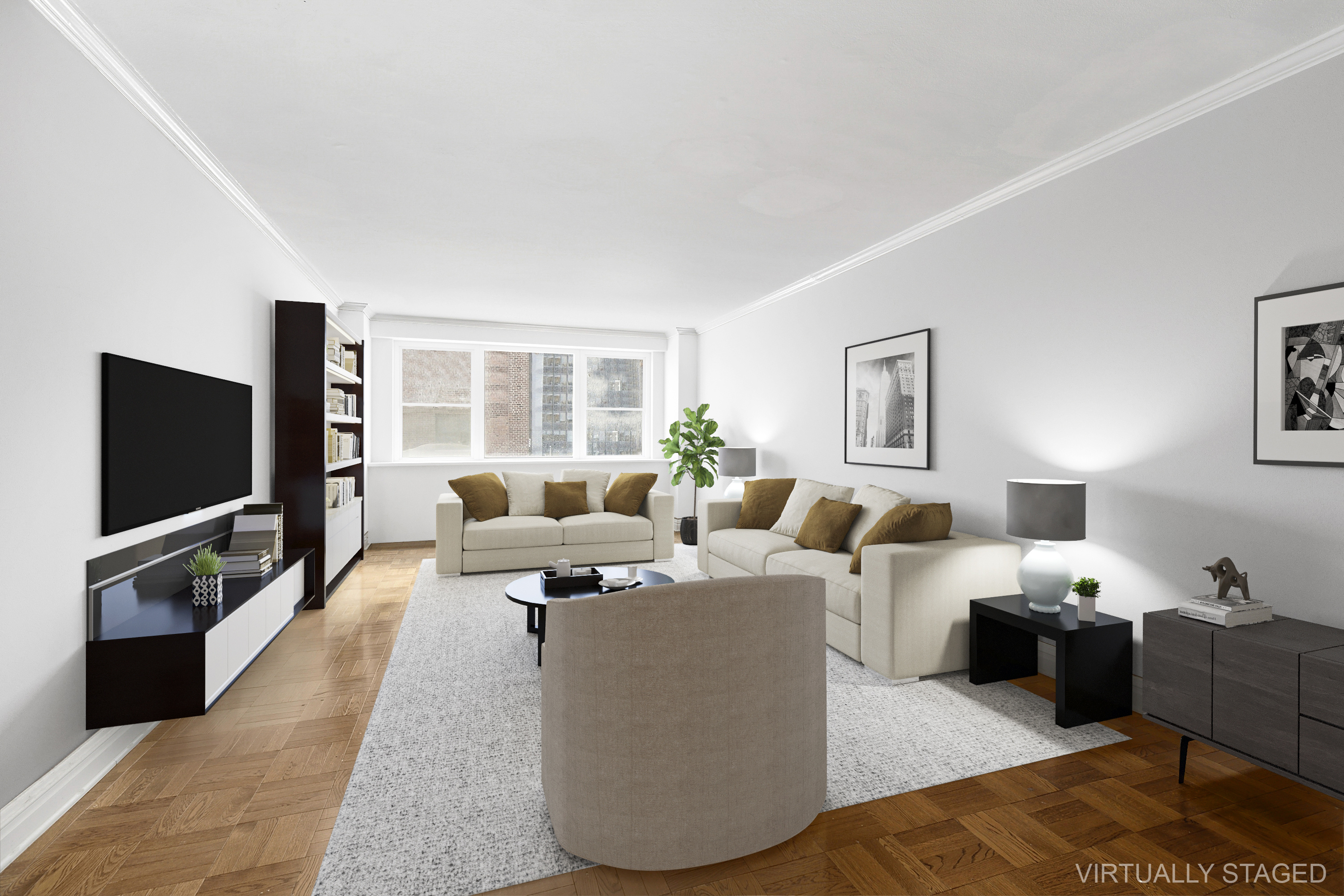 1175 York Avenue, Unit 6C Manhattan, NY 10065 - Photo 1 of 12 a living room with furniture wooden floor and a flat screen tv