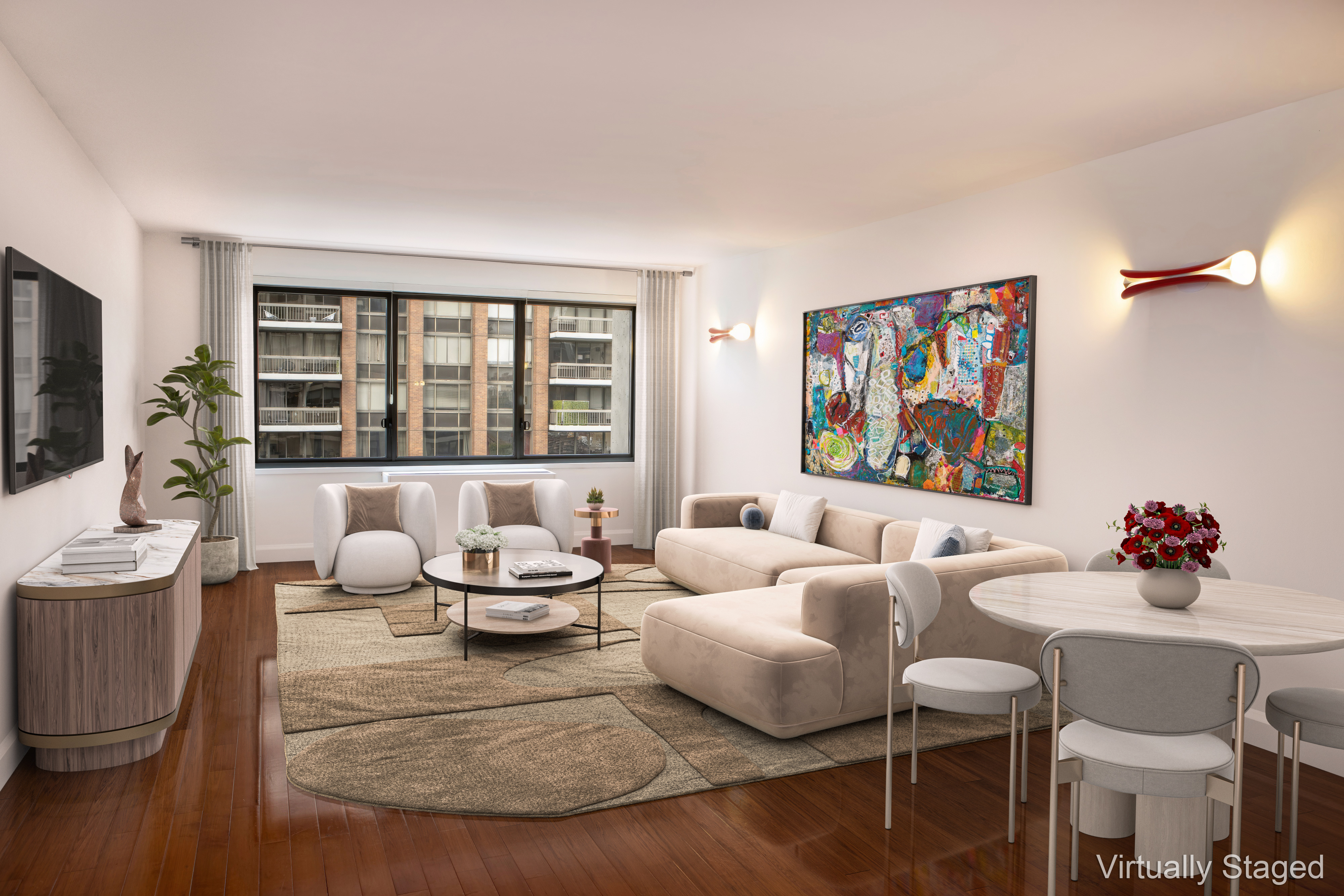 300 East 59th Street, Unit 803 Manhattan, NY 10022 - Photo 1 of 14 a living room with furniture and a flat screen tv