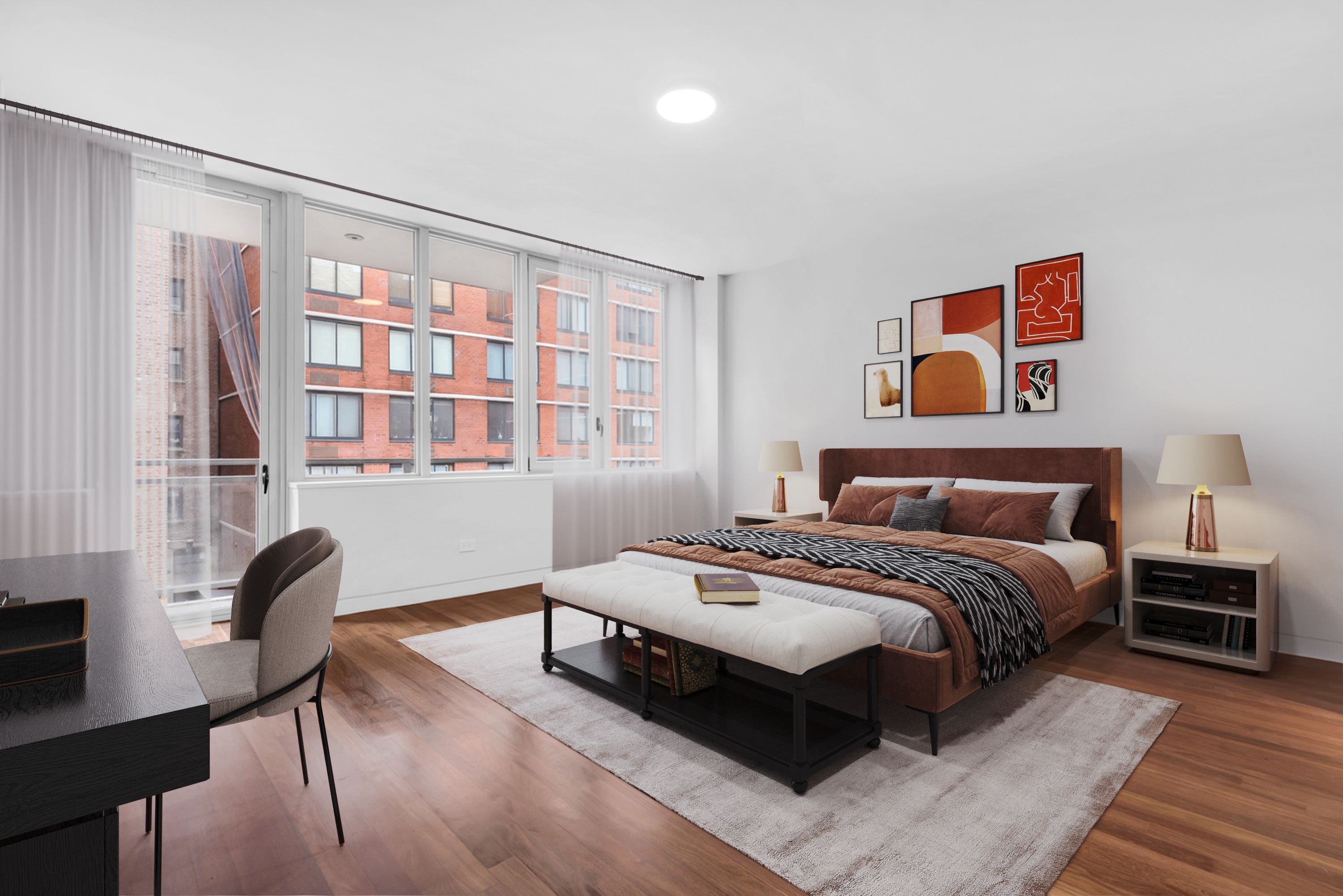 210 West 96th Street, Unit 6 Manhattan, NY 10025 - Photo 6 of 14 a bedroom with a bed a desk and chair with wooden floor