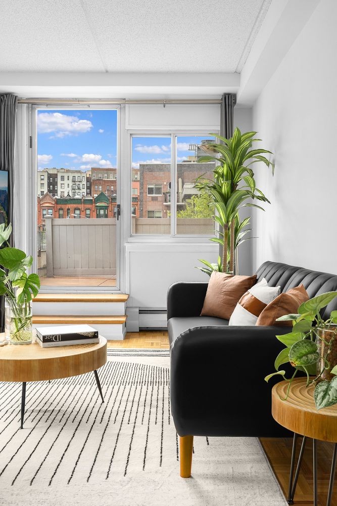 300 West 145th Street, Unit 1QQ Manhattan, NY 10039 - Photo 5 of 15 a living room with furniture and a potted plant