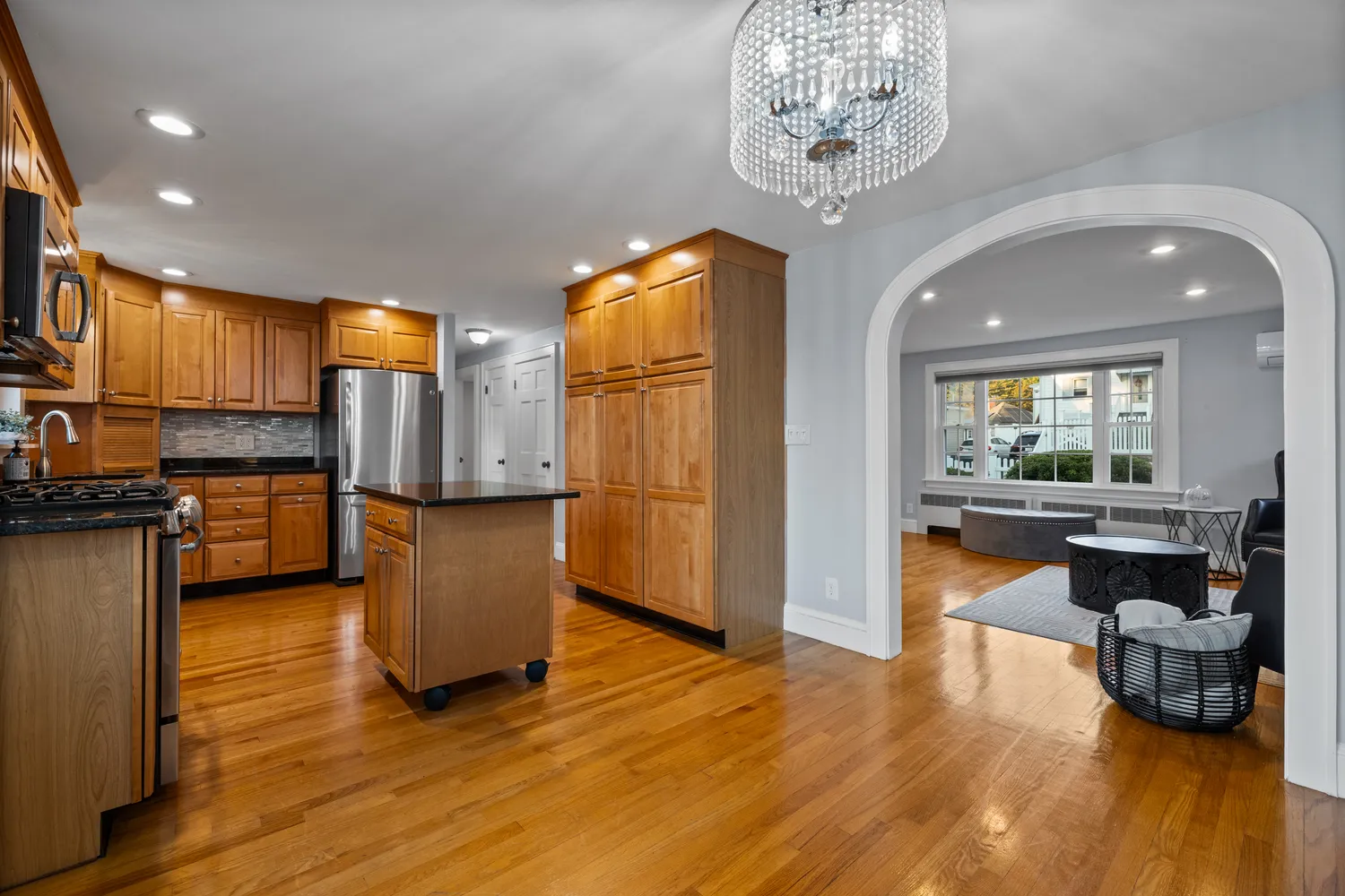 a view of kitchen with livingroom and furniture
