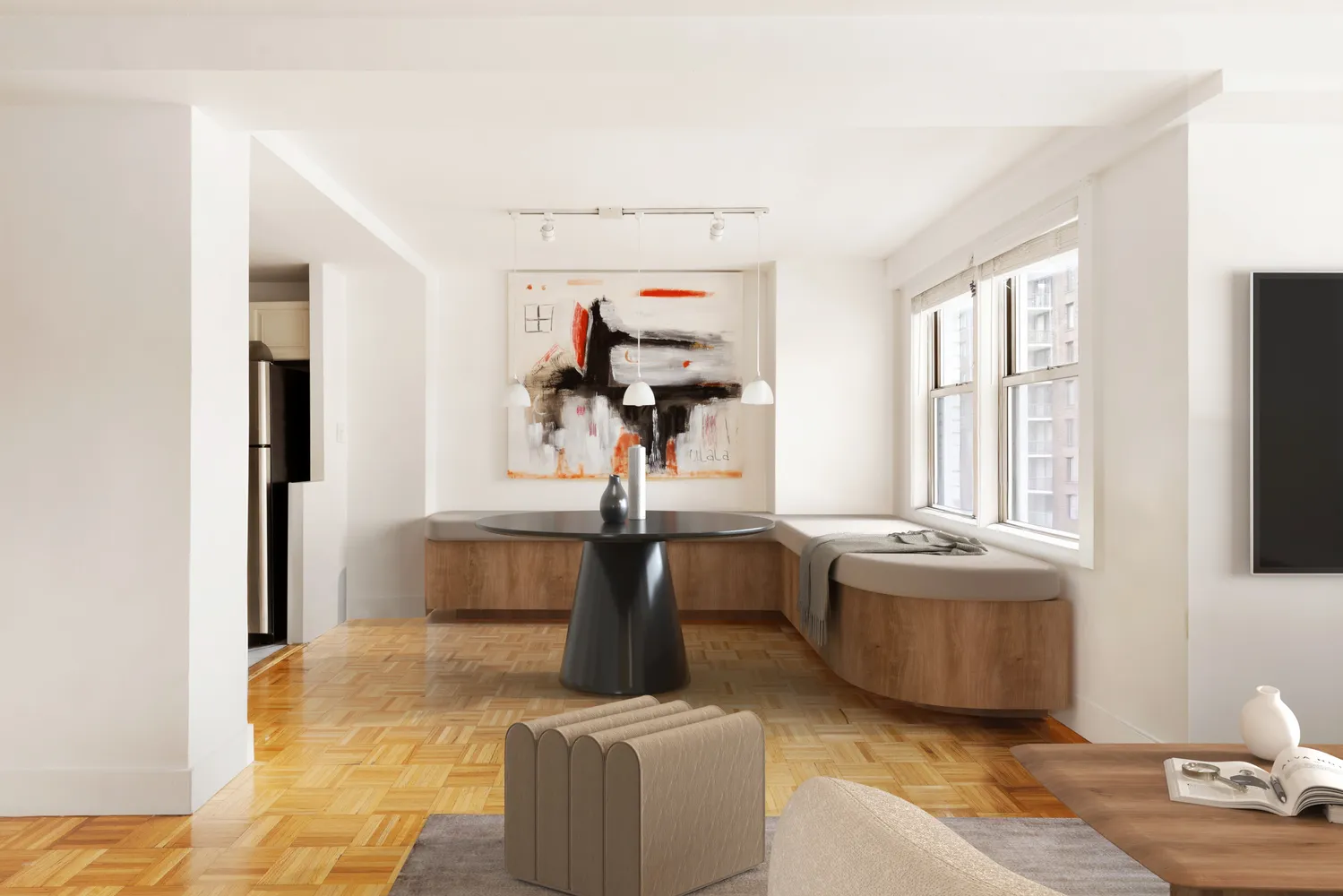 a living room with fireplace furniture and a window